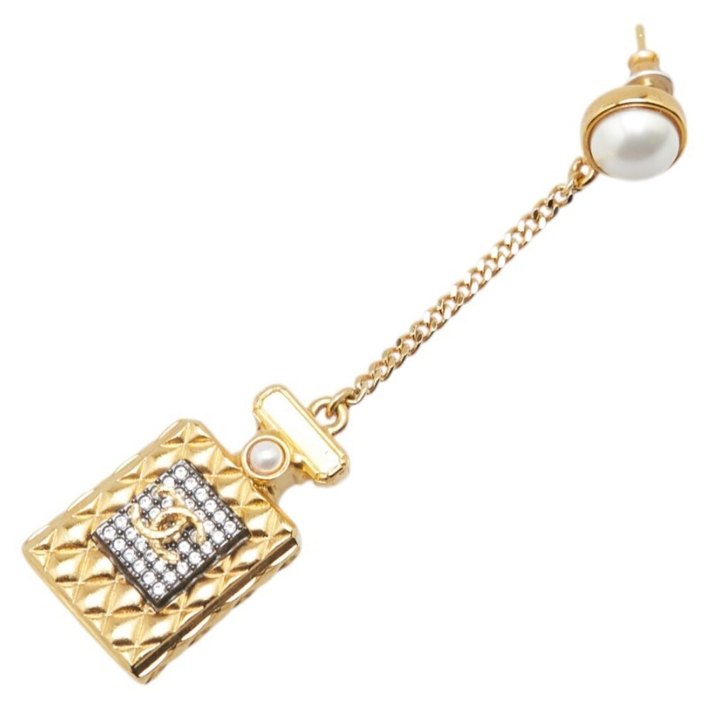 Chanel Coco Mark perfume bottle motif rhinestone earrings, gold plated with f...